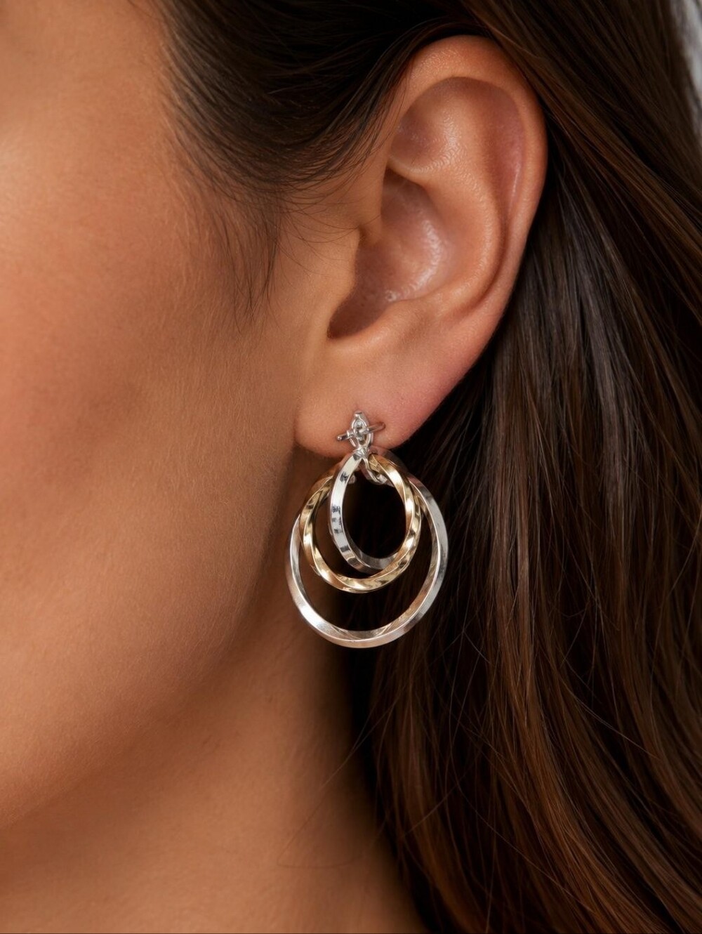 Two-Tone Silver and Gold Double Hoop Pierced Earrings